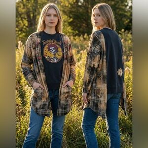 Custom Upcycle Hand bleach dyed flannel with Greatful Dead sweatshirt graphic